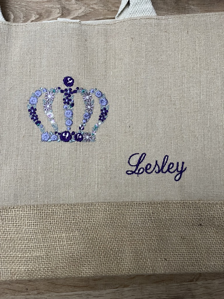 Embroidered Floral Crown Jute Bag - Image 2