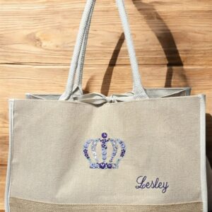 Embroidered Floral Crown Jute Bag