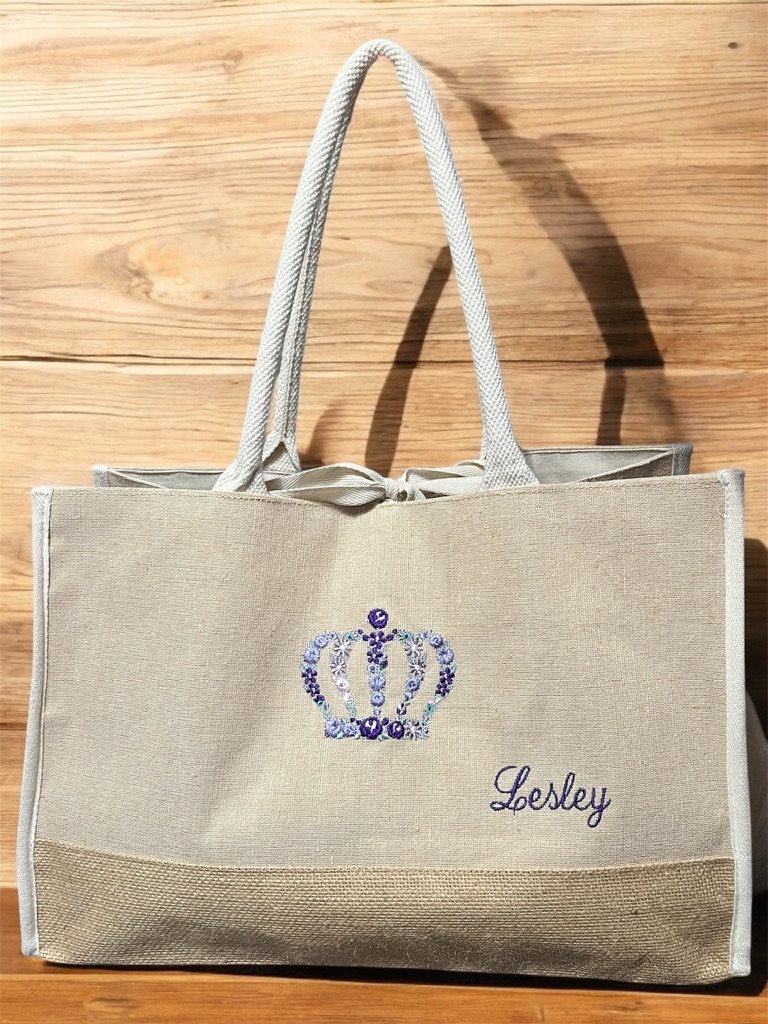 Embroidered Floral Crown Jute Bag